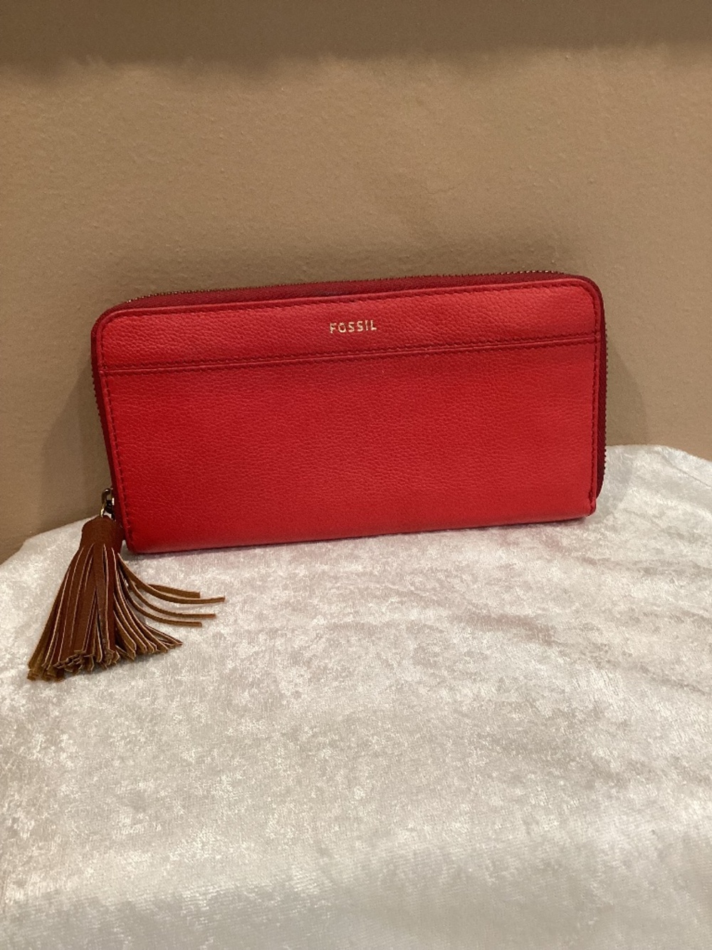 FOSSIL Dark Red Leather Tara Zip Around Wallet with Brown Leather Tassel